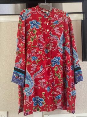 Vintage Chico's Red Silk Kimono Tunic Top with Blue Dragon and Floral Accents